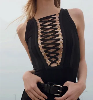 Kríž čipky čierne elastické 2020 najnovšie horúce módne sexy rayon obväz kombinézach