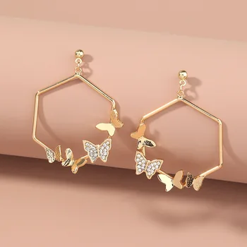 Hexagon Kovový Rám Crystal Motýľ Charms Geometrické Stud Náušnice Luxusné Šperky Designer pre Ženy Strany Darček