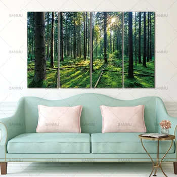 4 Panel Lesa a Sunrise SunliXWAt olejomaľba Zelený Strom Lesa Plátno Tlačiť Moderné Nástenné Art Domáce Dekorácie Domova