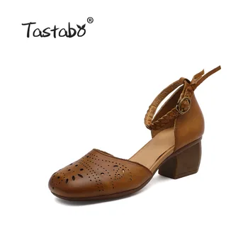 Tastabo Originálne Kožené dámske topánky tlač Opasku vysokým podpätkom dizajn, Jednoduché ležérny štýl Hnedá čierna karamelová S19056