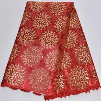 (5yards/pc) vysoká kvalita Afriky handcut organza textílie, čipky červenej a zlatej svieti flitrami výšivky na módne šaty OP015