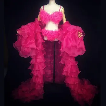 Rose červené parochňu bikini dlhé koncové kabát fáze kostým nastaviť nočný klub Bar Ženy, Spevák, Tanečník Modely Pódium Party Dance Nosenie