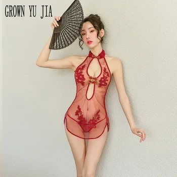 Sexy Qipao Uniformy Erotické Cosplay Kostým Transparentné Cheongsam Šaty, Tangá Nastaviť Porno Perspectivity Bielizeň Hot Sukne pre Sex