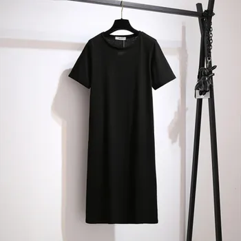 Jednoduché Módy jednofarebné Čierne Obleky Strednej dĺžky Bavlna T-shirt Šaty a Fower bud Split nepravidelný Sukne Dvoch-dielny Set ženy