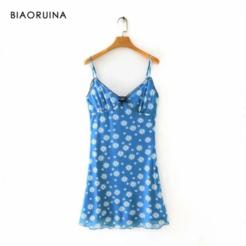 BIAORUINA Žien Kvetinový Tlač bez Rukávov Modrá tvaru Šaty Vysoký Pás Módne Letné Šaty Dievčatá Backless Sladké Vestido