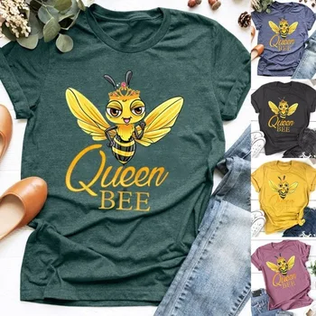 Módne Leto Ženy O-neck T Shirt Tees Queen Bee Grafické Krátky Rukáv Bavlna T-shirt Roztomilý Včely Tlač Topy
