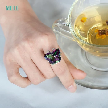 MELE Natural mystic quarts strieborný prsteň, rainbow crystal v motýľ tvar 16 mm*21 mm, živý a krásny strieborný prsteň