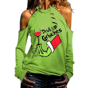 Zelený Vzor Tlače T-shirt Výrez Studenej Ramenný Dlhý Rukáv Pletené Mikina Topy pre Ženy TC21