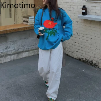 Kimotimo 2020 Jeseň Zima Sveter Ženy Pletené Topy Kvetované Green Blue Čierny Sveter S Dlhým Rukávom Nadrozmerná Jumper Hrubé
