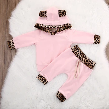 2 ks vyhovovali dieťa dievča oblečenie sady Novonarodené Dievčatká Pink s Dlhým Rukávom leopard Mikina s Kapucňou+Nohavice Oblečenie Set