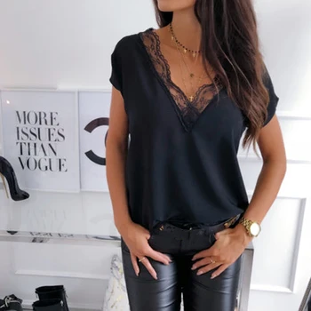 Čierne Sexy Čipka T Shirt Letné Krátke Rukáv V Krku T Módne Topy pre Ženy Elegantné Oblečenie Dámske Ležérne Košele Streetwear