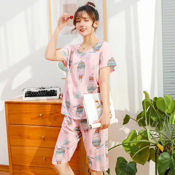 Pajama Sady Ženy Lete Krátky Rukáv podkolienok Sleeppants Jednoduchá Tlač kórejský Štýl Voľné Kawaii Voľný čas Sleepwear Pyžamá