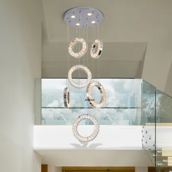 Luxusné Moderné LED Crystal Strop Lustre Krúžky Dlho Visí Lampa pre Villa Točité Schodisko, Luster Svietidlo Lesk