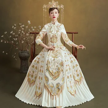 Móda Čínskej Nevesty Svadobné Šaty Šaty Šampanské Cheongsam Výšivky Žena Qipao S-XXL