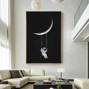 Priestor Astronaut Kyvné na Mesiac, Hviezdy Plátno na Maľovanie Abstraktné Plagát a Tlač Wall Art Obrázok pre Obývacia Izba Domova