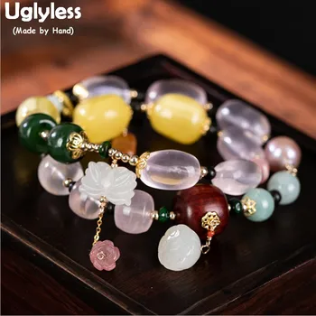 Uglyless 14K Plné Zlata 9K Zlato Multi Kamene, Náramky pre Ženy Elastické Lano 2 Vrstvy Náramky Crystal Amber Jade Šperky