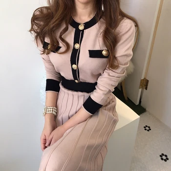 2020 Jeseň kórejský Pletené Ženy Dlho Skladaný Šaty Žien Dlhý Rukáv Single-breasted A-line Šaty Elegantné Dámy Vestidos