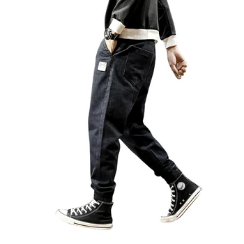 Streetwear Módy Mužov Džínsy Loose Fit Loose Fit Čierna Denim Cargo Nohavice Hárem Džínsy Japonskom Štýle Hip Hop Joggers Džínsy Mužov
