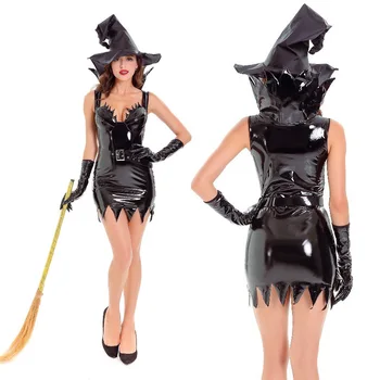Nové Dospelých Maleficent Halloween Cosplay Kostým Čarodejnice 4 Kusy Čierne Faux Kožené Šaty bez Rukávov s Klobúk Sexy Kostým Upíra