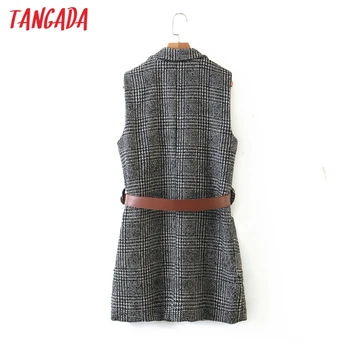 Tangada 2020 ženy kockovaný vzor dlhá vesta kabát s pásom office dámy vesta bez rukávov saka elegantný top 3Z42