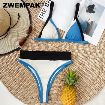 Letné Sexy Plavky Modrá/Biela Patchwork Ženy Bikini Set Vysoký V Strede Zúžený Plaviek Dve Kus Plavky Bikiny Žien Biquini