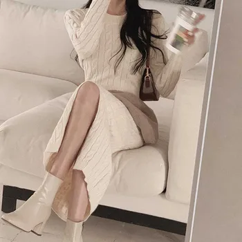 Móda jeseň zima Backless pletené šaty ženy z Jedného Kusu zimné kórejský Jednoduché Svetre 2020 Vysoko Elastická Twist Šaty