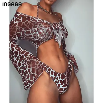 INGAGA Tri Kus Plavky 2021 Okolo Bikín, Dlhý rukáv, Plavky Ženy Leopard High Cut Biquini Nové Push Up plavky