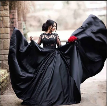 Vintage Turecko Plus Veľkosť Čipky Riadok Čierne Svadobné Šaty Svadobné Šaty 2019 Dlhý Rukáv Princezná Libanon Ilúzie Arabská Nevesta
