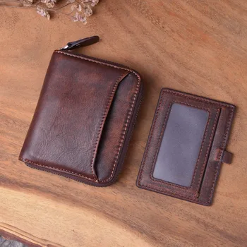 AETOO kožený Retro pánske staré krátke peňaženky ručné zips peňaženky prvá vrstva cowhide veľkú kapacitu, dámske peňaženky