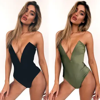 2019 nové letné Sexy Ženy bez rukávov Hlboko V krku bez ramienok jednodielne plavky pevné plavky na kúpanie plaviek bikiny kostým