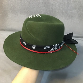 Fedora Nové zimné vlna zelený klobúk široký okraj klobúky han edition Pane Osobnosti módy príliv obnovenie dávnych spôsoby Anglicko