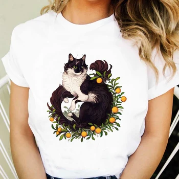 Ženy T-shirts 90. rokov Harajuku Letné Top Cat Roztomilý Grafiky Oblečenie O-krku Žien T-shirt Kvetinový Kvet Dámske Tričká Topy T-Shirts