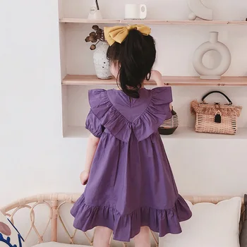 2020 Nové Dievčenské Šaty Letné Krátke Voľné Šaty Veľké Prehrabať Peter pan Golier Dievčatá Šaty Purple DT088