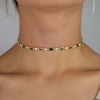 Geometrické bageta kolo cubic zirconia cz stanice reťazí červená zelená kameň choker náhrdelník pre ženy