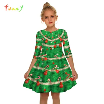 Zelená Polovica Rukáv Vianočný Stromček Bell Tlač Deti Zdobiť Princezná Kostým 2019 Jeseň Zima Vianoce Zdobiť Dievča Oblečenie Vestidos