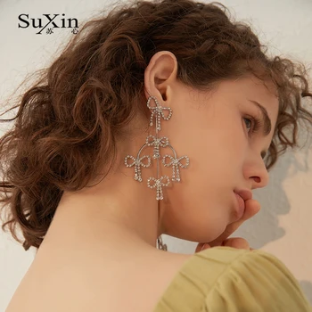 SuXin Náušnice 2020 Nové Jednoduché Bowknot Strapec Temperament Náušnice Pre Ženy Dlho Crystal Prívesok Náušnice Šperky Darček