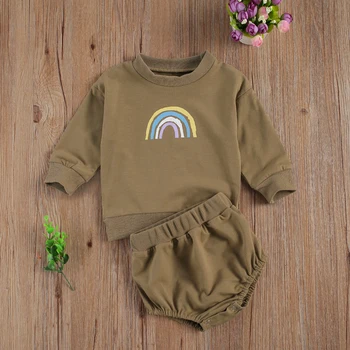 Lioraitiin 0-24M Novorodenca Dieťa, Chlapec, Dievča Jeseň 2ks Oblečenie Set sa Dlhý Rukáv Rainbow Vytlačené Top Solid Šortky Oblečenie
