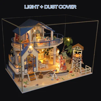 DIY LED domček pre bábiky Mora Miniatúrne Villa S Nábytok Drevený Dom Izba Model Auta Dary 3D Hračky Pre Deti detský Doll House