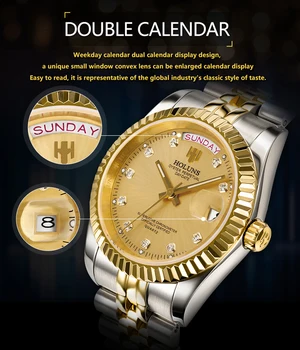 2020 Top značky sledovať Holuns klasické pánske hodinky zlaté, diamanty quartz človek pozerať ocele kalendár 50M nepremokavé muž náramkové hodinky