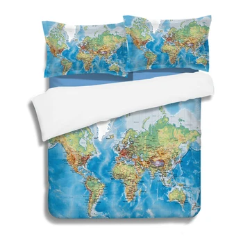 Mapa sveta posteľná bielizeň nastaviť Živé Tlač Modré, Čierne Povlaky na Prikrývku Kryt Vankúše Twin Kráľovná Obliečky posteľné prádlo 3ks bytový textil
