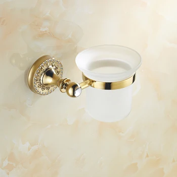 Luxusné Nástenné Mosadze & Crystal Wc Kefa Držiak+ Sklo + Biely Štetec ,zlaté kúpeľňové doplnky GH-9101