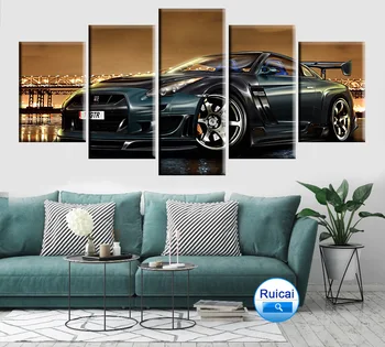 Klasické high-end športové auto mesto noc plagát plátno na maľovanie 5 panel domáce dekorácie obývacia izba, spálňa wall art nástenné maľby