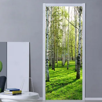 3D Dvere Nálepky Zelený Strom Lesa nástennú maľbu, Tapety Domov Dvere, Obývacia Izba DIY Dvere Samolepky PVC Vinylové samolepiace Dvere, Tapety