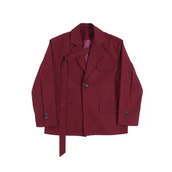 IEFB /nika pánske oblečenie Červená Nepravidelný Kravatu veľké rozmery plášťov Voľné bunda + Bežné Oblek Nohavice 2021 jar nový súbor 9Y52703