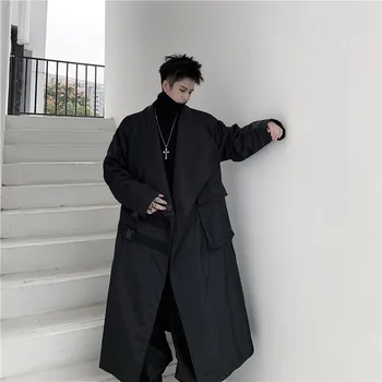 Muži Japonsko Ulici Tmavo Čierne Voľné Zákopy Srsti Vrchné Oblečenie Muž Punk Gotickej Módy Príležitostné Voľné Windbreaker Dlhá Bunda Kabát