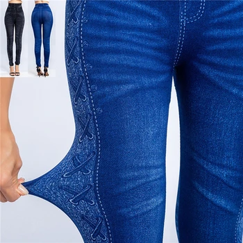Ženy 2020 Imitácia Núdzi Denim Jeans Sú Legíny Bežné Vysoký Štíhly Pás Elastickej Ceruzkou Nohavice Fitness Cvičenie Módne Leginy