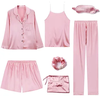 Ružová Pruhované Pyžamo Hodvábny Satén Femme Pajama Sada 7 Ks Steh bielizeň, Šaty, pyžamá Sady Ženy Sleepwear oblečenie pre voľný čas Pre Ženy