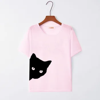 Mačka pri Pohľade Z Boku Tlač Ženy Tričko Bavlna Bežné Vtipné tričko Pre Lady Dievča Čierne Ženy Top Biela Bavlna Ženský Čaj