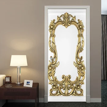 Európsky Štýl Luxusné Dvere Nálepky 3D Zlatý Vyrezávané Vinyl nástennú maľbu, Tapety Obývacia Izba, Spálňa Samolepiace Nepremokavé Plagát