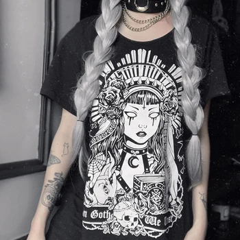 ženy tričko goth Tmavé Grunge Black Print T-shirts Gotický Voľné Punk Harajuku Streetwear estetické Ženské oblečenie vintage